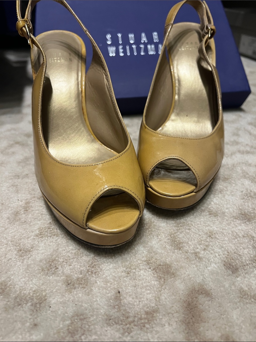 Stuart Weitzman Size 6 Camel Patent Peep-Toe Slingback Platform Heels